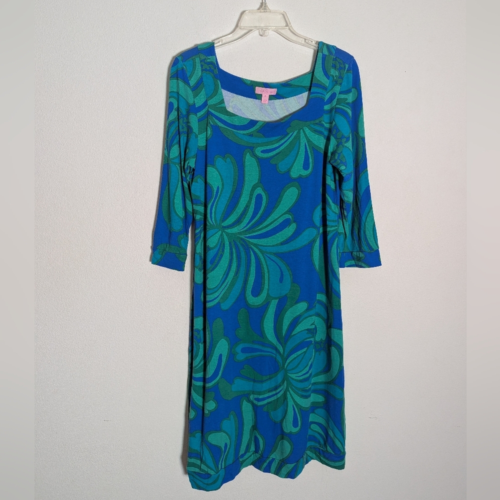 Lilly Pulitzer Womens Dress Blue Green Square Neck Floral Mermaidcore 70s Medium